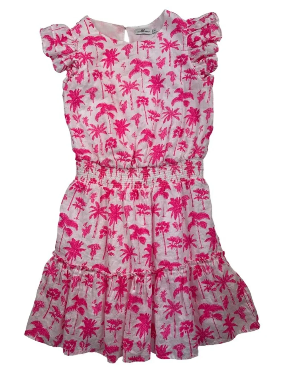 Vineyard Vines Women's M Linen Pink Palm Mini Dress Smocked Ruffle Tropical Res - Picture 4 of 11